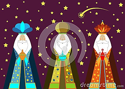 Three wise men Christmas. Three biblical Kings, Caspar, Melchior and Balthazar. Bethlehem Nativity concept, Happy Epiphany Vector Illustration