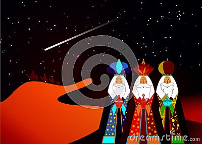 Three wise men Christmas. Three biblical Kings, Caspar, Melchior and Balthazar. Bethlehem Nativity concept, Epiphany symbol Vector Illustration