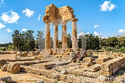 The re-assembled remains of the Temples of Castor and Pollux, located in the park of the Valley of the Temples in Agrigento, Sicil Stock Photo