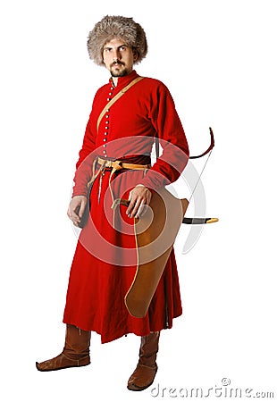 Re-enactor in costume of tatar warrior. Stock Photo