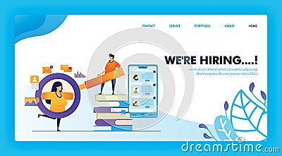 We`re hiring fresh graduate concept design for landing page. flat cartoon character holding magnifying glass to see detail of job Vector Illustration