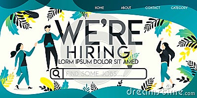 We`re hiring vector illustration concept, man who is helping a woman ride on a job search engine with we`re hiring word , can us Vector Illustration