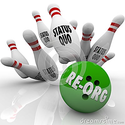 Re-Org Words Bowling Ball Striking Status Quo Organization Pins Stock Photo