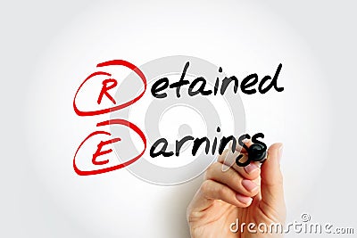 RE Retained Earnings - accumulated net income of the corporation that is retained by the corporation at the end of the reporting Stock Photo