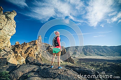 Reached life goal, girl looking at inspirational landscape Stock Photo