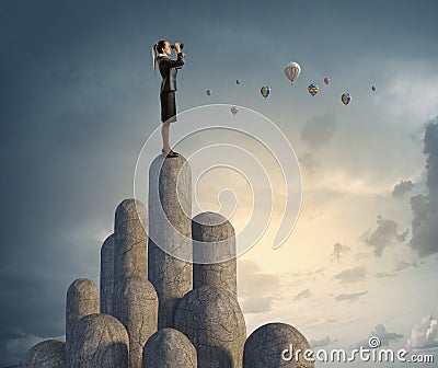 She reached the top of sucess . Mixed media . Mixed media Stock Photo