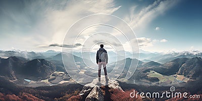 Reaching New Heights, A Man on a Breathtaking Landscape, Perfect for Motivational Concepts Stock Photo