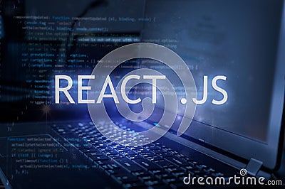 React .js inscription against laptop and code background. Learn react programming language, computer courses, training Stock Photo