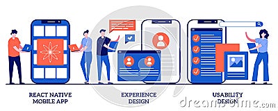 React native mobile app, experience design, usability testing concept with tiny people. Mobile app development process abstract Cartoon Illustration