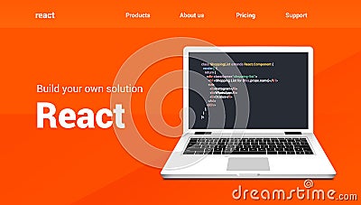 React programming code technology banner. React language software coding development website design Stock Photo