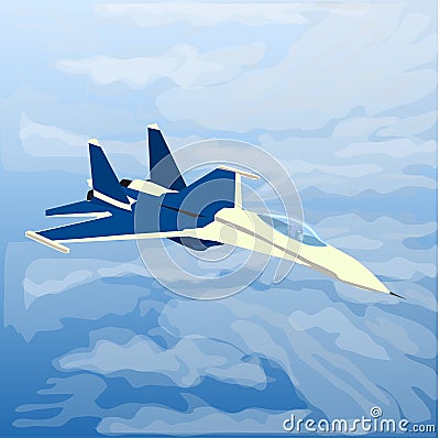 Reactive plane jet with pilot inside in the clouds. Vector Illustration