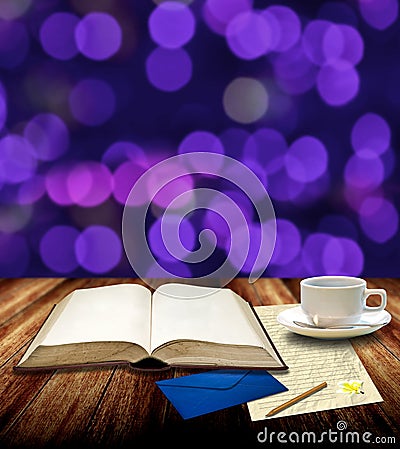 Read book and drink hot coffee for write letter Stock Photo