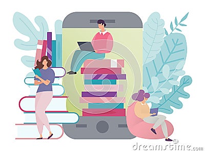 Read book vector illustration, flat tiny cartoon woman man student character study in library, reading textbook, ebook Vector Illustration