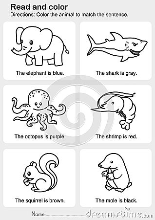 Read and color : Color the animal to match the sentence Vector Illustration