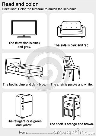 Read and color : Color the furniture to match the sentence Vector Illustration