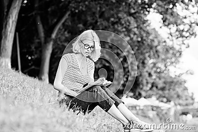 Read fairytale. woman in park reading book. reading is my hobby. Summer study. interesting story. Relax and get new Stock Photo