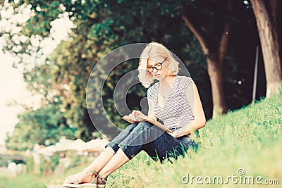 Read fairytale. woman in park reading book. reading is my hobby. Summer study. interesting story. Relax and get new Stock Photo