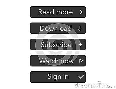 Read more, download, watch now, subscribe and sign in buttons in flat design in black color. Simple website navigation Vector Illustration