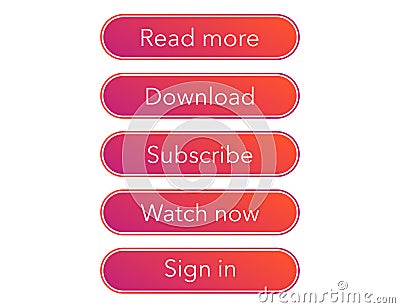 Read more, download, watch now, subscribe and sign in buttons in flat design in rainbok color. Simple website navigation Vector Illustration