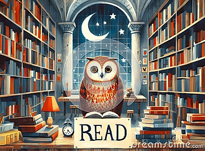 Read poster with a wise owl in a library Stock Photo
