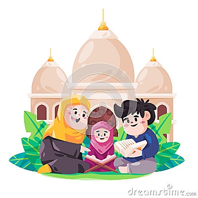 Read quran Islam holy book family mother with kids children in front of mosque Vector Illustration