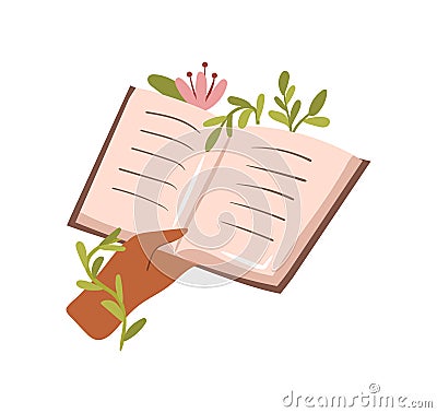 Reader holding opened book with flowers blossom Vector Illustration