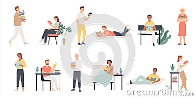 Readers. Book lover men and women read in library, world book day. Students preparing for examination, educational Vector Illustration