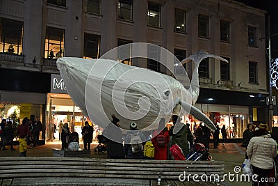 Plastic whale, Big Blue in the city centre of Reading in England, UK in December 2018 Editorial Stock Photo