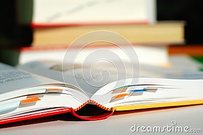 Reading book with bookmarks Stock Photo