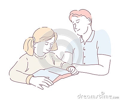 Reading book father doing homework assignment with son vector isolated characters Vector Illustration