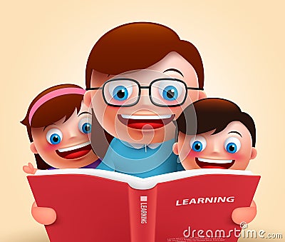 Reading book for story telling by happy smiling teacher and kids Vector Illustration