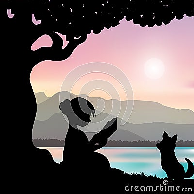 Reading a book under a tree, Vector illustrations Vector Illustration