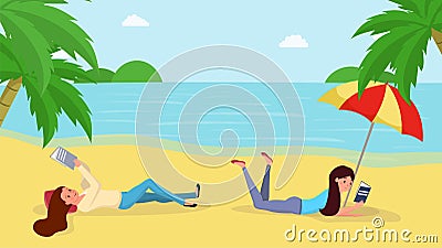 Reading books on beach flat vector illustration. Young girls, tourists enjoying interesting novels during summertime Vector Illustration