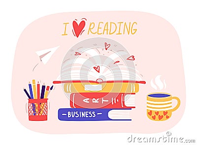 Reading books. Stack of library books with hand drawn lettering. Home library with art and business handbooks pile Vector Illustration