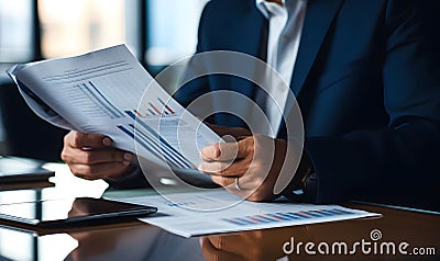 Business person reading annual report or business journal, Business photo, Businessman reading marketing documents Stock Photo