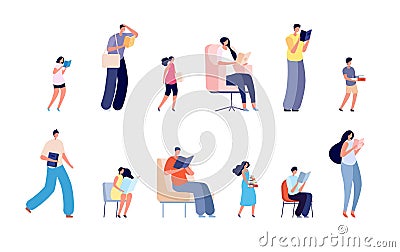 Reading characters. Teenager read book, adult people and kids study. Library or bookstore characters, isolated girl boy Vector Illustration