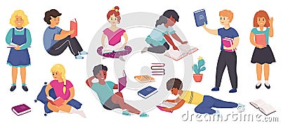 Reading children. Cartoon school kids characters standing and sitting with books, reading and learning at school and at Vector Illustration