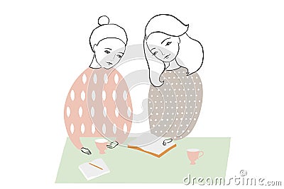 Illustration of women or girls reading and studing book, making notes at the table. Pattern feminine design. Stock Photo