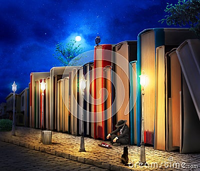 Reading concept. Fantasy. Stack of book as buildings Cartoon Illustration