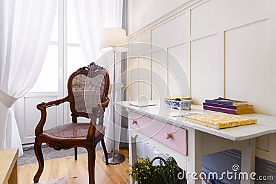 Reading corner decorated with upcycled furniture Stock Photo