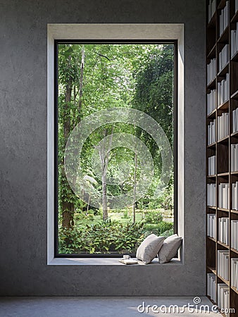 Reading corner by the window with nature view 3d render Stock Photo