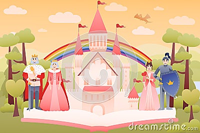 Reading fairy tales concept with open book, medieval castle, rolay family - king and queen, knight and princess Vector Illustration