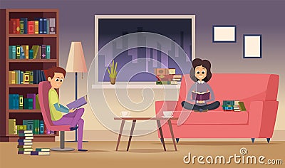 Reading family. Woman man read books in living room. Happy students study at night. Test preparation vector illustration Vector Illustration