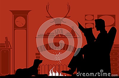 Reading by the fireplace Vector Illustration