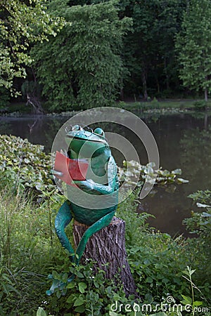 Reading Frog on Tree Stump Stock Photo