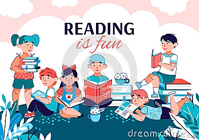 Reading is fun banner with children reading books in summer park. Vector Illustration