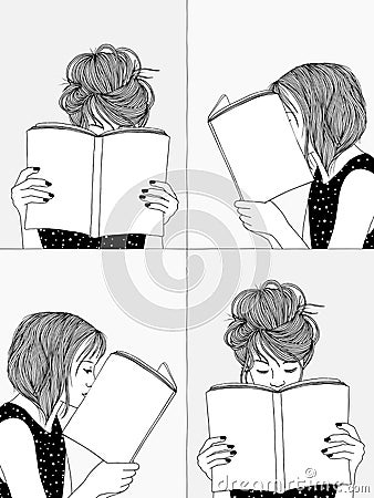 Reading girls, hand drawn black and white illustration Vector Illustration