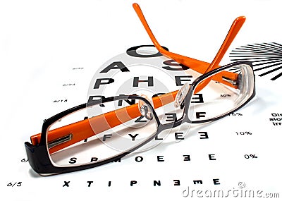 Reading glasses on eye chart Stock Photo