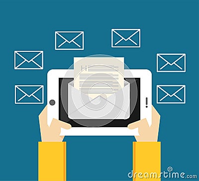 Reading inbox message. Sending and receiving messages from mobile phone or tablet Vector Illustration
