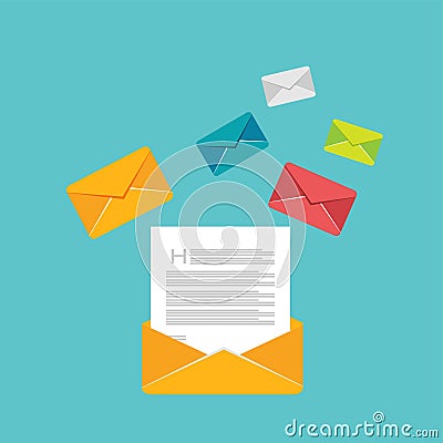 Reading inbox messages. Mail vector. Opening envelope. Vector Illustration